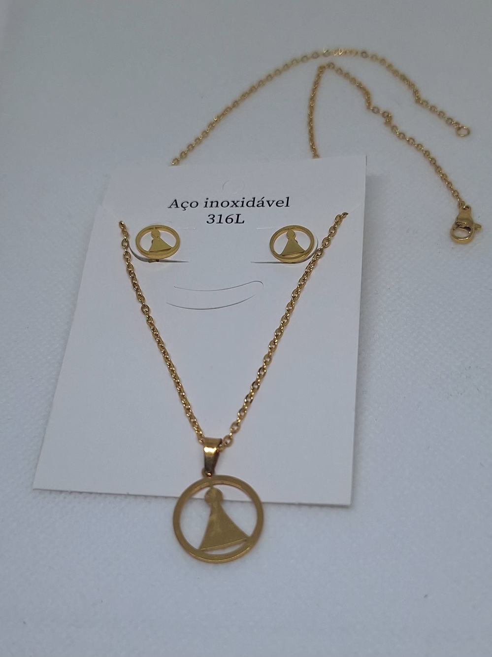 Gold Stainless Steel Religious Pendant Necklace and Stud Earrings Set